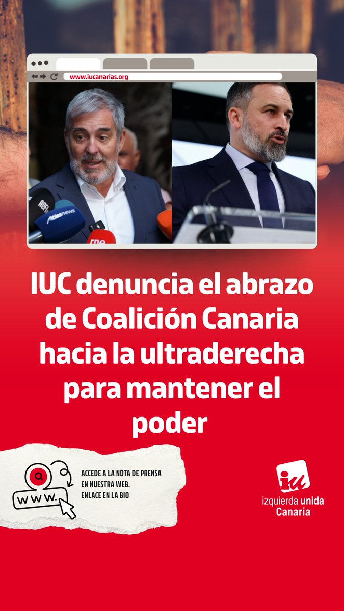 IUCanaria's tweet photo. 🙅‍♀️ Denunciamos el giro de Coalición Canaria hacia la derecha y la ultraderecha al alinearse con el PP para reclamar un adelanto electoral.

🗣 @alberosaul: “Ir de la mano del PP en este contexto solo beneficia a la derecha y la ultraderecha”.

#CCVOX #Ultraderecha https://t.co/Z5q76WaoeK