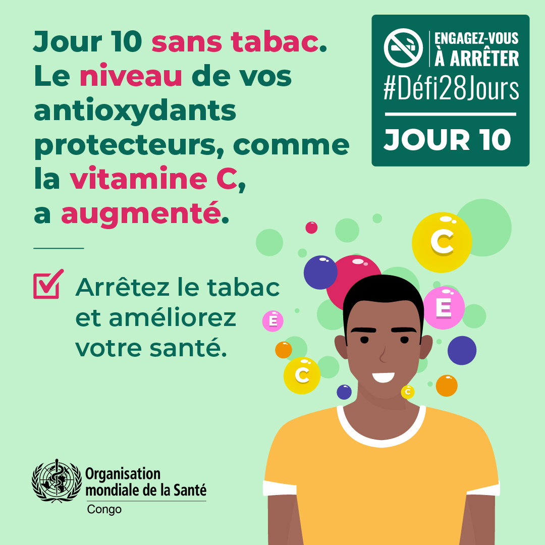 OMSCongo's tweet photo. 🚭 Après 10 jours sans tabac, votre corps retrouve progressivement ses défenses naturelles 💪
Le niveau d’antioxydants protecteurs, comme la vitamine C, augmente 🌿
#Défi28Jours #SantéPourTous #SansTabac https://t.co/zAwOOrNWsG