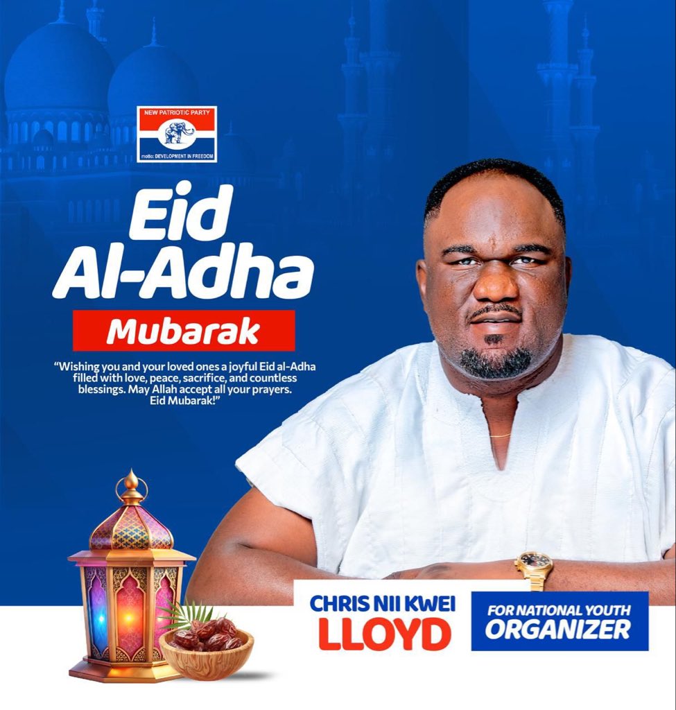 AmoakoKwam's tweet photo. Chris Lloyd wishes all our Muslim brothers and sisters a blessed Eid Mubarak.
May this sacred celebration bring peace, sacrifice, unity, and abundant blessings to every home. Wishing you joy, good health, and answered prayers. 🌙✨
#Chris4NYO
#ForwardFactor
#EidMubarak
#EidAlAdha