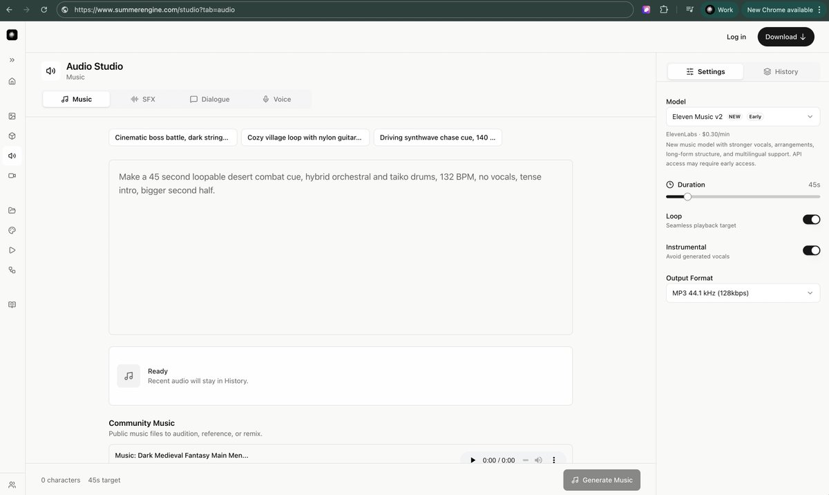 SummerEngineCom's tweet photo. New Summer Engine version is now live and includes @ElevenLabs new Music V2 model ready to create music, SFX, and dialogue easily in your game! https://t.co/p6tlfxAZB1
