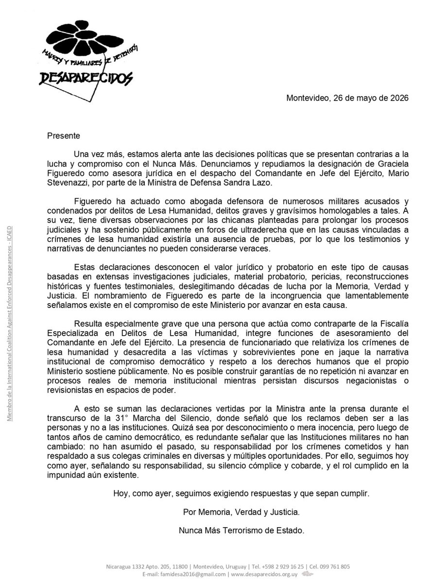 Crysol8's tweet photo. Madres y Familiares de Detenidos Desaparecidos denuncia y repudia la designación de Graciela Figueroa en el despacho del Comandante en Jefe del Ejército, Mario Stevenazzi. https://t.co/hHyUXYB8B5