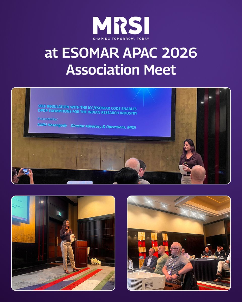 TheMRSI's tweet photo. At the ESOMAR APAC 2026 Association Meet in Tokyo, MRSI presented on how self regulation through the ICC/ESOMAR Code has enabled DPDP exemptions for the Indian research industry.

Proud to represent India’s research community on a global platform.

#MRSI #ESOMAR #APAC2026 https://t.co/23SlAdmf9V
