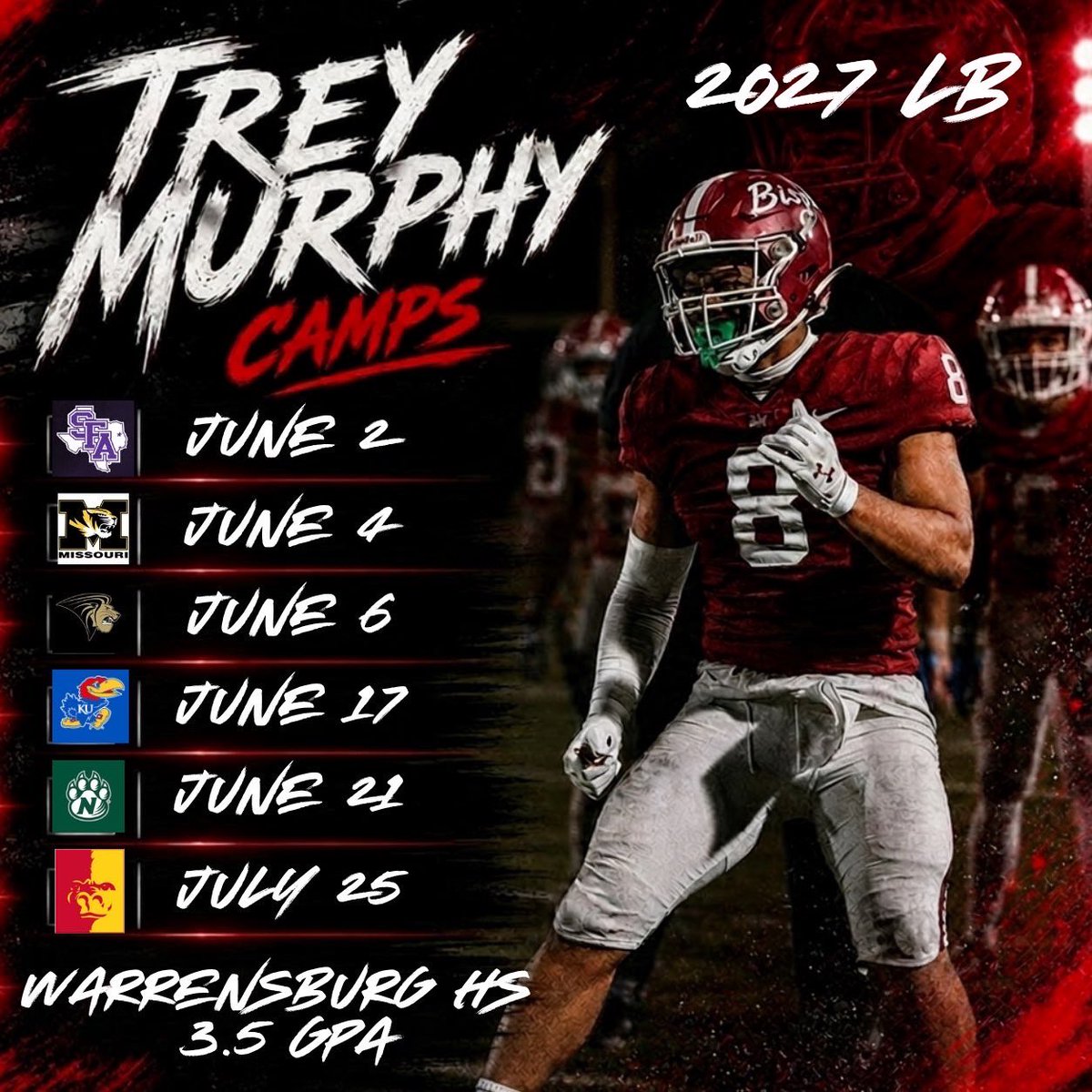 murphy_treyven's tweet photo. Summer camp schedule excited to compete! @WHSFootball2 https://t.co/t9cHq37FJi