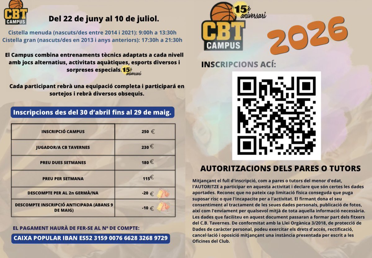 cbtavernes's tweet photo. 🚨 𝐈𝐍𝐒𝐂𝐑𝐈𝐔-𝐓𝐄 𝐀𝐋 𝐂𝐀𝐌𝐏𝐔𝐒 𝐂𝐁𝐓, 𝐔́𝐋𝐓𝐈𝐌𝐄𝐒 𝐏𝐋𝐀𝐂𝐄𝐒

👉🏽 Tota la informació al nostre Instagram, Facebook i a la pàgina web! 📲 https://t.co/IDzXjhN35w