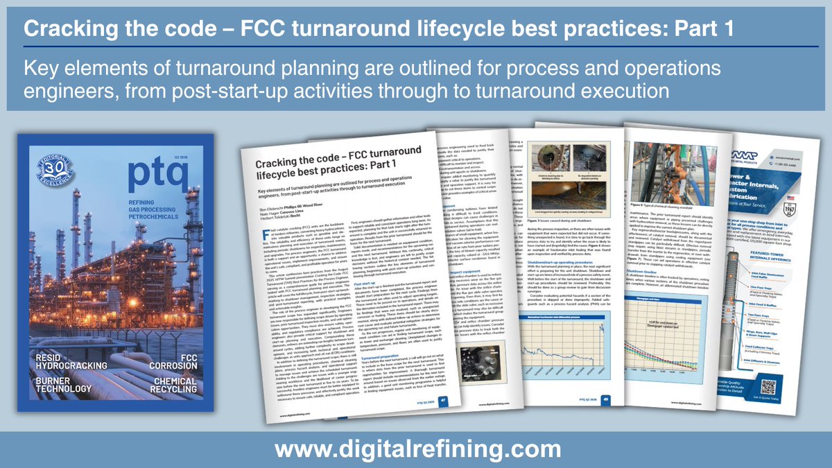 DigitalRefining's tweet photo. 🏭FCC turnaround lifecycle best practices: Part 1. Key elements of turnaround planning are outlined for process and operations engineers, from post-start-up activities through to turnaround execution, Phillips 66 Wood River; Cenovus Energy Lima and Becht -https://t.co/rMt8Pw1dZe https://t.co/WRgva0x19y