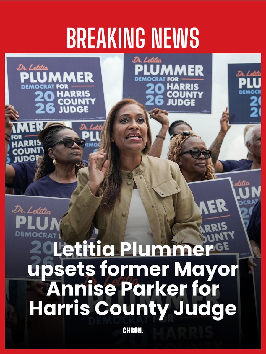 chron's tweet photo. 🗳️ A political upset just reshaped Harris County’s future.

Former Houston City Council Member Letitia Plummer defeated former Houston Mayor Annise Parker in one of Texas’ most closely watched runoff races, signaling a possible shift in Democratic leadership toward a younger, more progressive generation.

The race was expected to go the other way after a recent poll showed Parker with a sizable lead: https://t.co/JEcBox3gpn

#Houston #HarrisCounty #TexasPolitics