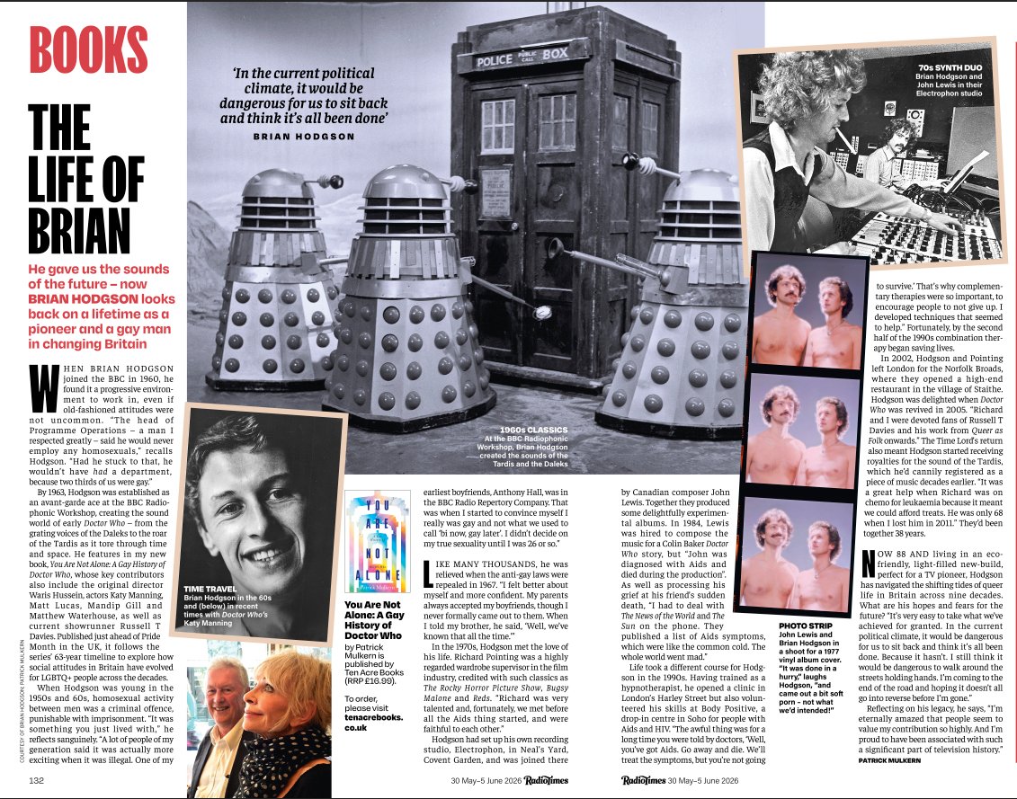 PatrickMulkern's tweet photo. The lovely Brian Hodgson – sound pioneer and #DoctorWho legend – talks about his life and experiences as a gay man across the decades in the new Radio Times. Online version here: https://t.co/NMbcHKth7y https://t.co/vIgpISnZh9