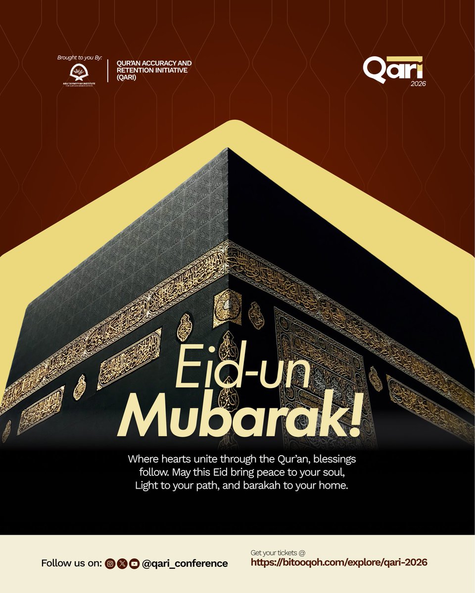 Qari_Conference's tweet photo. Eid Mubārak from all of us at QĀRI. 🌙

May this Eid be another reason to return to the Qur’ān with a softer heart and a stronger intention.🥂🕌

Taqabalallahu Minna Wa Minkum

Qur’ān Accuracy and Retention Initiative https://t.co/akGfqI5JQU
