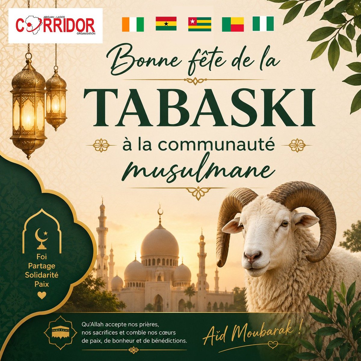 CorridorAL's tweet photo. On the occasion of Tabaski, the Abidjan-Lagos Corridor Organization (ALCO) wishes a wonderful celebration to the entire Muslim community and to all users of our corridor. May the values of sacrifice, sharing, and brotherhood guide our steps. https://t.co/roqXVu1Zey