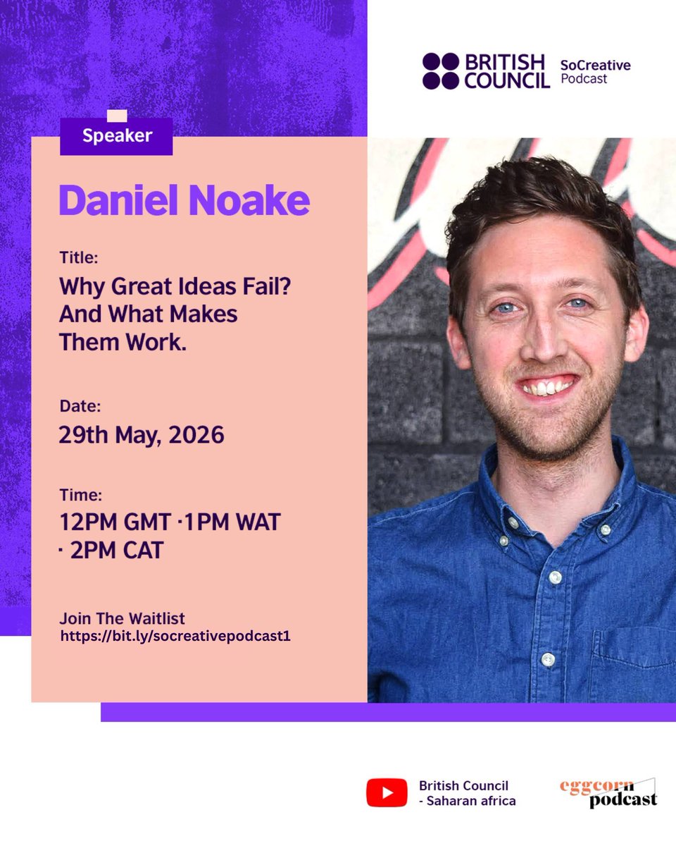 ssaBritish's tweet photo. Big ideas are exciting 💡
But why do great ideas fail?

Join our first SoCreative Podcast &amp; Masterclass with Daniel Noake on: 'Why Great Ideas Fail and What Makes Them Work?'

🗓️ 12PM GMT | 1PM WAT | 2PM CAT
🔗 https://t.co/UJcx3GYfVd

#SoCreativePodcast #CreativeEconomy https://t.co/1G90UY70vr