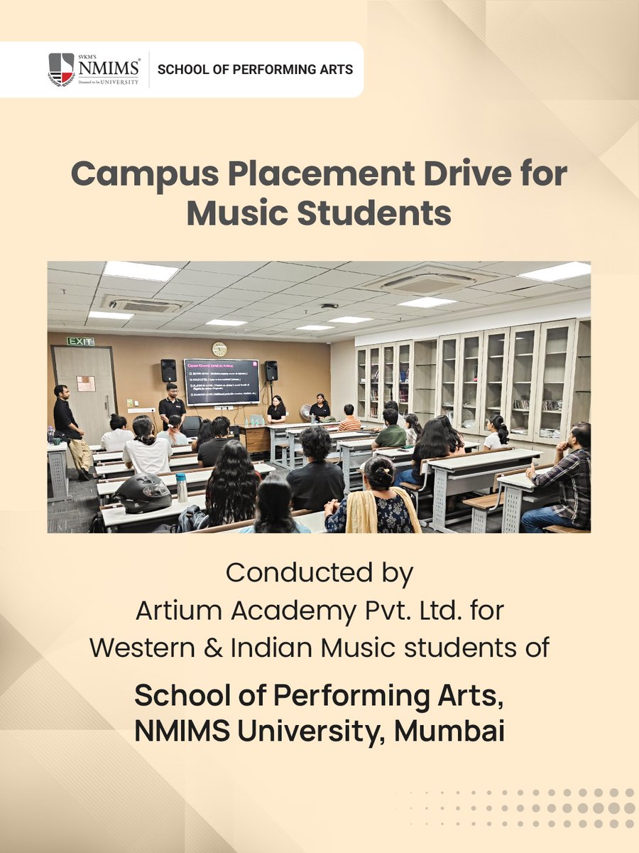 NMIMS_SoPA's tweet photo. Creating new pathways for music careers! 

Our placement opportunity session with Artium Academy marks a proud step towards building meaningful career opportunities for aspiring musicians through flexible, industry-ready roles.

#NMIMS #MusicCareers #CampusPlacements #Music https://t.co/7zdFr7Q53p