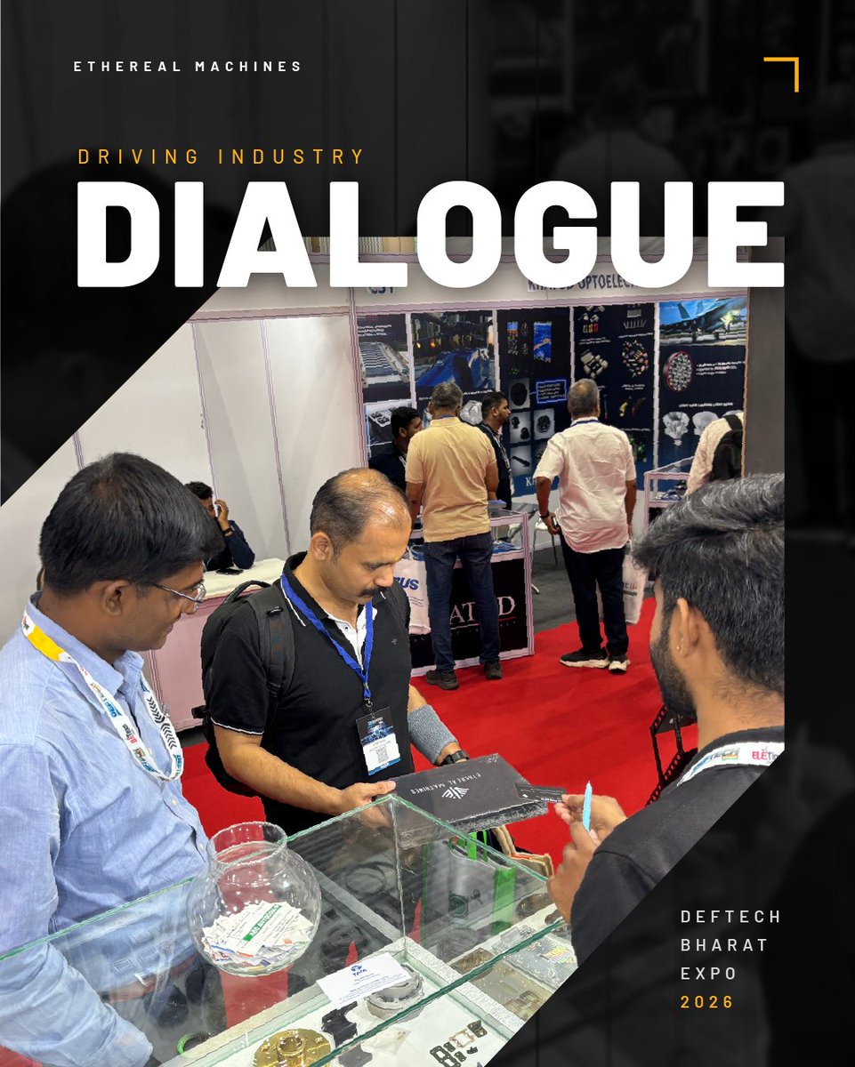 etherealmachine's tweet photo. Small talk stops the second an engineer inspects a machined part.

Real industry dialogue doesn't happen over a slide deck. It happens when engineers hold the hardware and inspect the cut.

Wrapping up Deftech Bharath 2026. The expo provided the floor space, but our focus was strictly on the physics of manufacturing. It was a solid week of direct technical discussions with teams looking to scale their Machining-as-a-Service (MaaS) infrastructure.

Thanks to everyone who stopped by the Ethereal booth to talk shop.

#CNC #Manufacturing #DeftechBharath #EtherealMachines #Machining