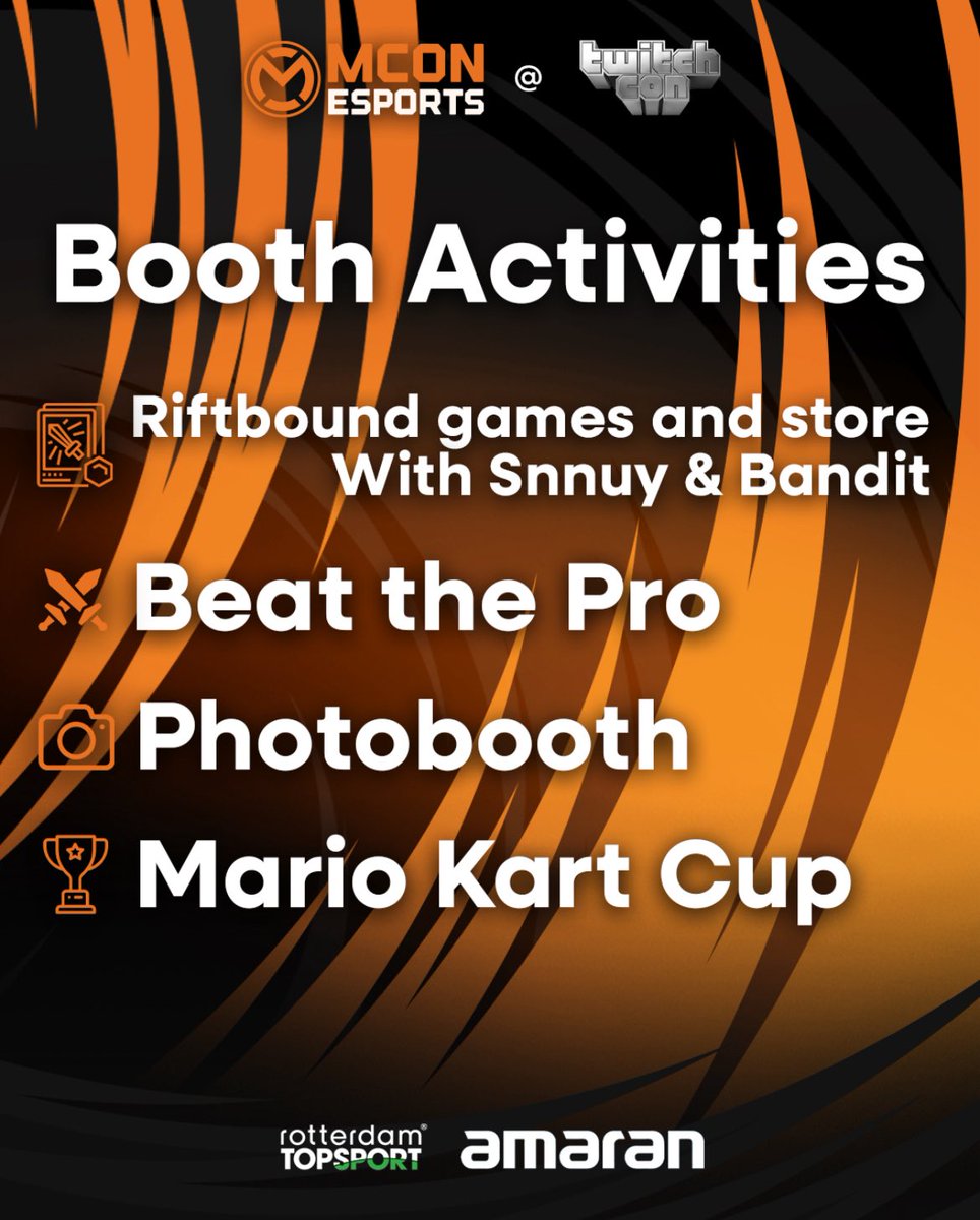 mConesports's tweet photo. We’re bringing the energy to TwitchCon 🔥🎮

🎯 Riftbound games with Snnuy &amp; Bandit
⚔️ Beat the Pro
📸 Photobooth
🏆 Mario Kart Cup

Stop by the mCon Esports booth and join the action all weekend long 🚀

#TwitchCon #mConEsports #GamingTwitter #Esports #MarioKart https://t.co/U5Q1uEiouu
