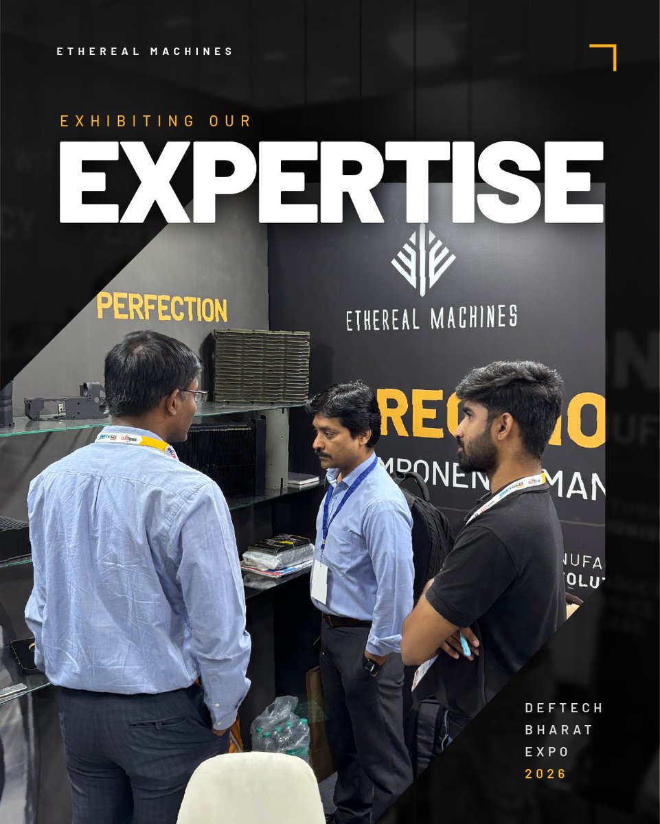 etherealmachine's tweet photo. Small talk stops the second an engineer inspects a machined part.

Real industry dialogue doesn't happen over a slide deck. It happens when engineers hold the hardware and inspect the cut.

Wrapping up Deftech Bharath 2026. The expo provided the floor space, but our focus was strictly on the physics of manufacturing. It was a solid week of direct technical discussions with teams looking to scale their Machining-as-a-Service (MaaS) infrastructure.

Thanks to everyone who stopped by the Ethereal booth to talk shop.

#CNC #Manufacturing #DeftechBharath #EtherealMachines #Machining