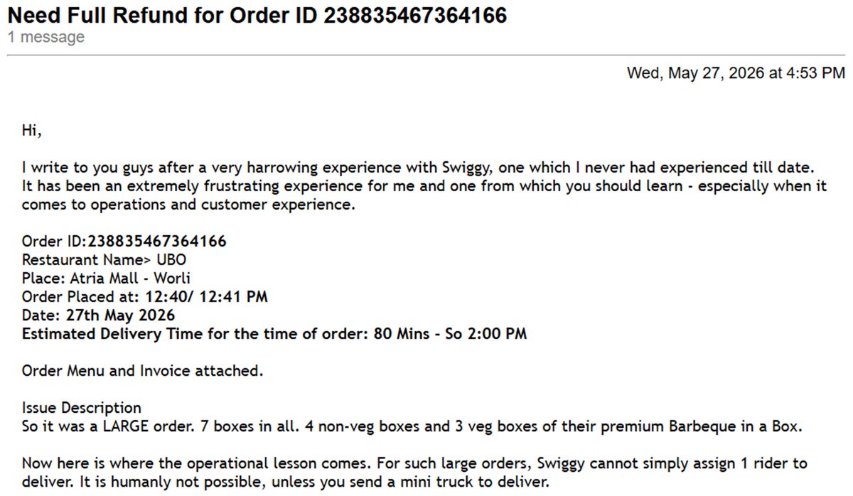 mickey_06980's tweet photo. @SwiggyCares @Swiggy Read the harrowing experience which I just had with you guys. And the biggest joke was, I ordered, I gave ur support team resolutions, I went and picked up the order and you are giving me a refund of INR 67! Is this what you call customer service? https://t.co/6JDfwLv1Ws