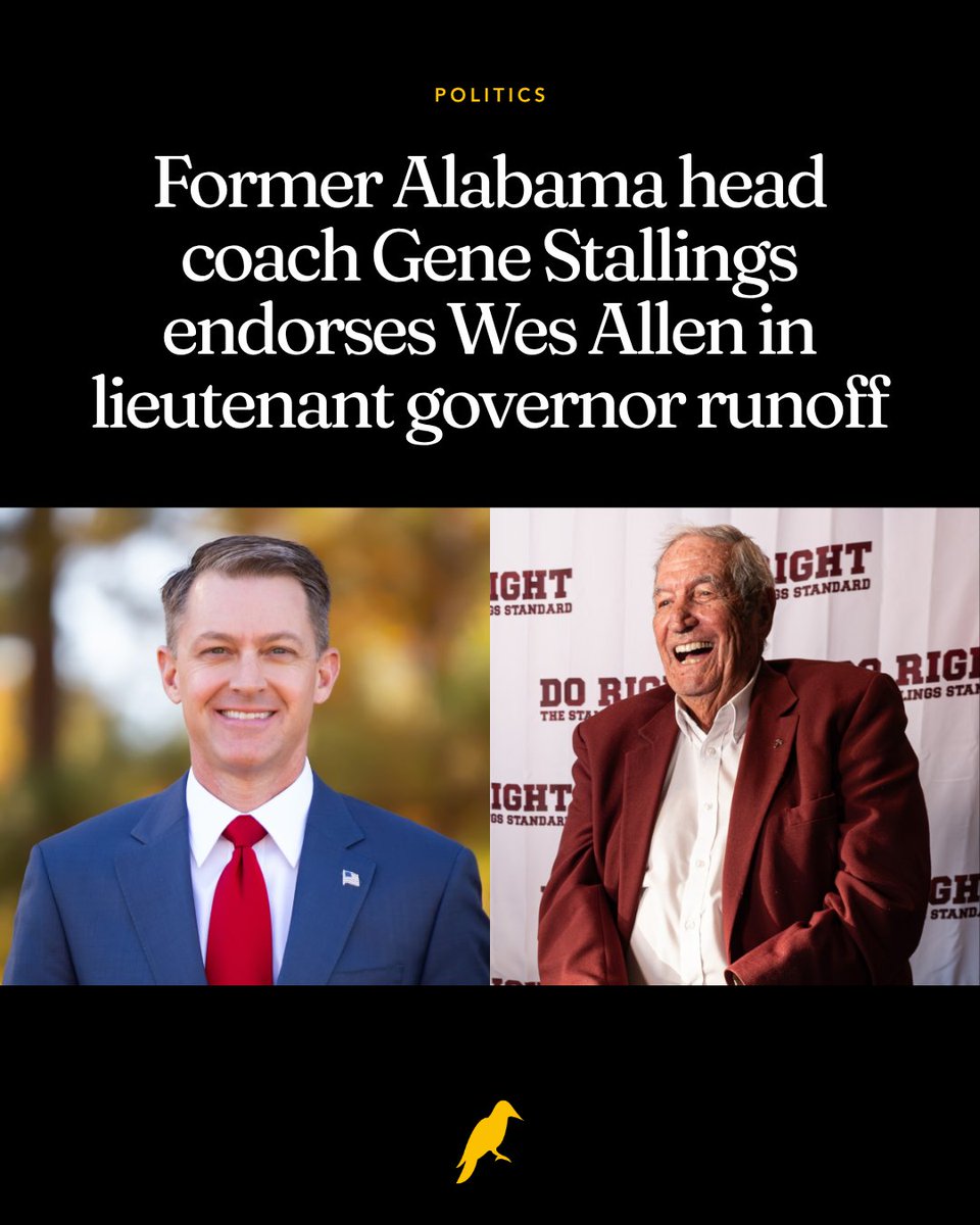 yhn's tweet photo. Legendary former Alabama Crimson Tide national title winning head coach Gene Stallings has made an official endorsement of Wes Allen during his run for lieutenant governor ahead of the Republican primary runoffs.

@alasecofstate, a Pike County native who played for Stallings at Alabama, as well as his successor Mike DuBose, will take on Trump-endorsed John Wahl for the nomination next month to see who will challenge Democratic candidate Phillip Ensler.

Read full story: https://t.co/UN4WEMpDov

#Alabama #ALPolitics #LtGov #Runoff #Tide