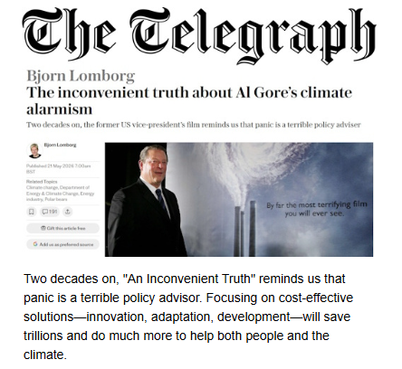 BjornLomborg's tweet photo. The depressing 20-year legacy of An Inconvenient Truth

Exactly two decades ago today, Al Gore's movie "An Inconvenient Truth" thrust climate change into the global spotlight. With dramatic imagery and dire warnings, it transformed a niche concern into a front-page crisis, influencing rich country leaders and elite jet-setters, and inspiring a generation of activists.

From my latest newsletter: https://t.co/8PmzChHQOl

Sign up: https://t.co/PIif2dDeWJ