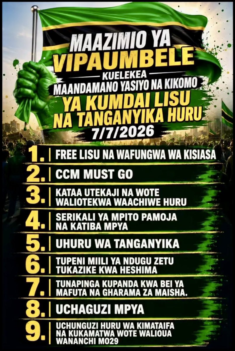 MariaSTsehai's tweet photo. 🔥🔥 Gen Z have resolved fresh protests on 7th July 2026
The demands are clear #FreeTunduLissu and #SamiaMustGo but also a new consitution that will recogjize Tanganyika as state partner next to Zanzibar in the union
No more hide and seek!  But of course expect the police to start abducting and torturing again because that is all they do! The fearless Gen Z are aware of the risks but they are resolved! 

Haya ndo mambo 👏🏽 Gen Z onyesheni njia! Hii nchi si ya Abdul na mama yake! Nyie ni Taifa la leo! This is your time! #KatibaMpya lazima!
