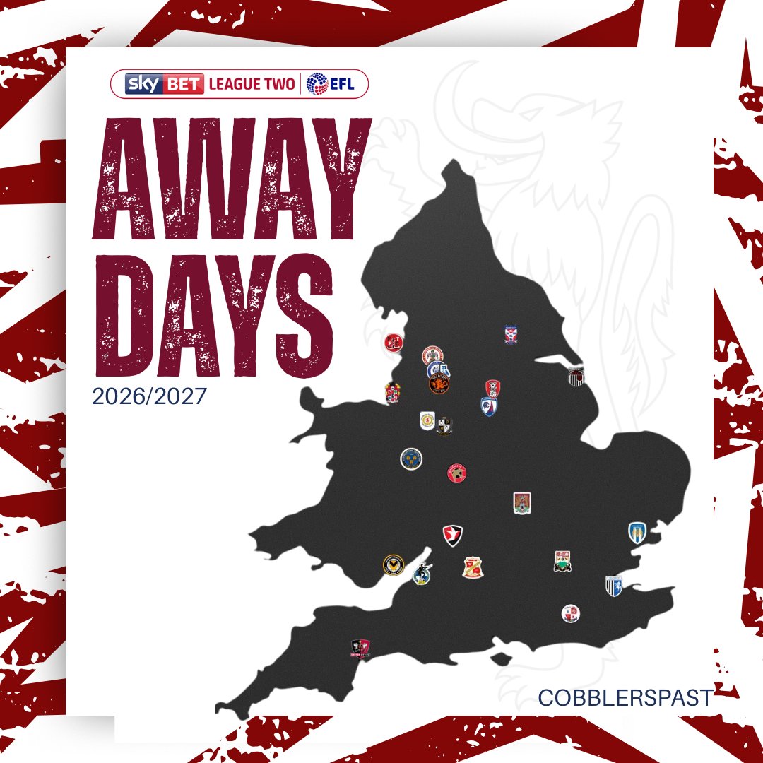 CobblersPast's tweet photo. The road map for the Cobblers 2026/27 League Two season 👀🛣️

24 clubs. Thousands of miles. Another season of following the Cobblers up and down the country awaits for the Shoe Army 👞

Which away day are you most looking forward to? 
https://t.co/nJl9yOhfkJ
#ntfc | #ShoeArmy👞 https://t.co/Rb23rV7PSp