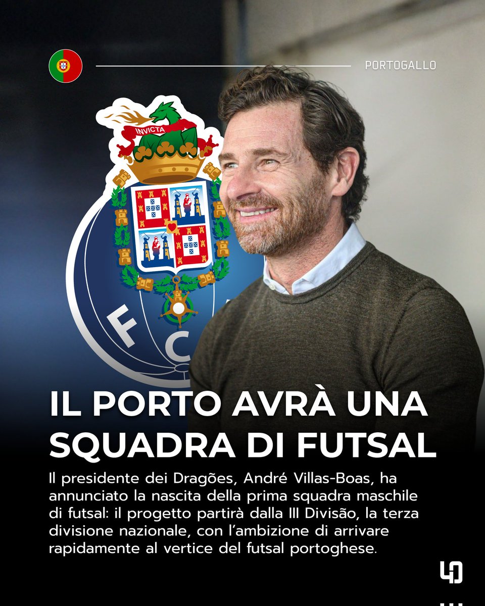 QuattroZero's tweet photo. Il @FCPorto avrà una prima squadra maschile di futsal, come annunciato dal presidente Villas-Boas.

Partirà dalla #IIIDivisão con l’obiettivo di raggiungere in breve tempo l'accesso in #LigaPlacard 🇵🇹. https://t.co/5VtTq6tA6C