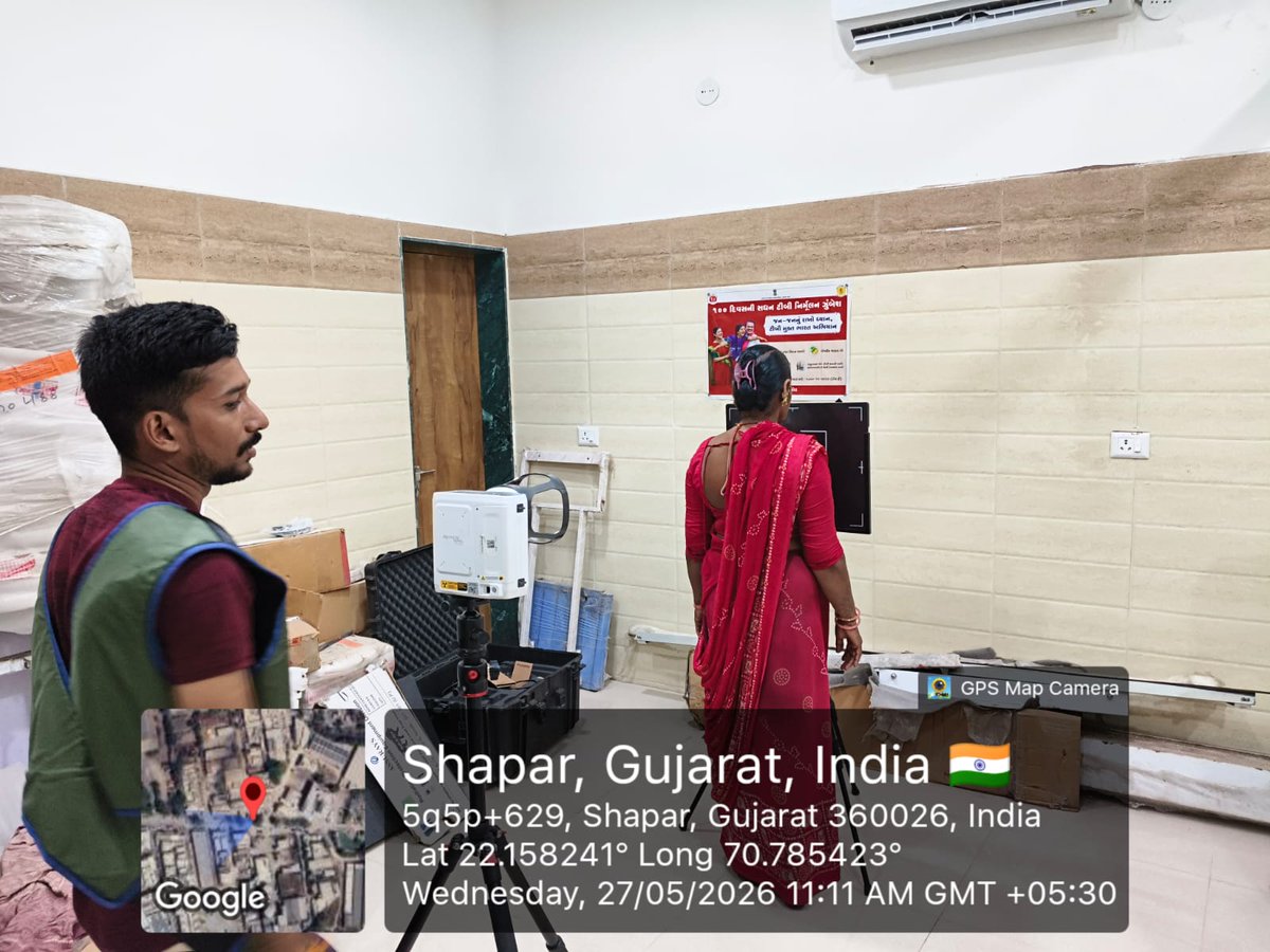 SbccHealth's tweet photo. 27.05.26.ના કોટડા સાંગાણી  તાલુકાના શાપર ખાતે 100 DayTB Campaign અન્વયે હેન્ડ હેલ્ડ મશીન દ્વારા ગામના હાઈ રિસ્ક લોકોના એક્સ રે દ્વારા ટીબી રોગનુ નિદાન કરવામાં આવેલ તેમજ ટીબી મુક્ત ભારત અભિયાન જન જાગૃતિ કાર્યક્રમ યોજવામાં આવેલ.
@DDORAJKOT1
@TbDivision
#TBMuktbharat https://t.co/btKSTKcIIa