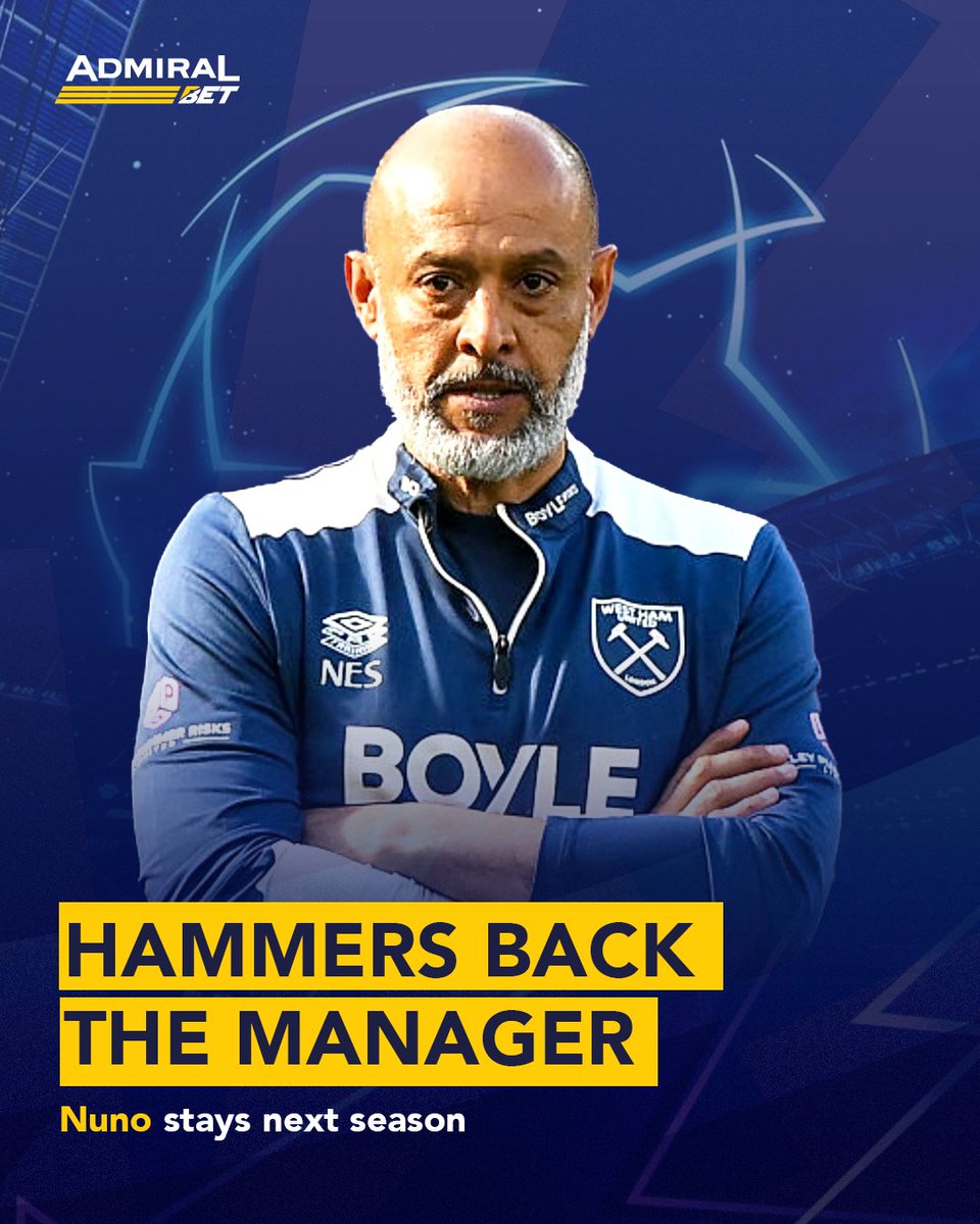 AdmiralUganda's tweet photo. Nuno Espirito Santo is STAYING at West Ham. ⚒️🇵🇹

Despite the heartbreak of relegation to the Championship, the Hammers board has officially confirmed that Nuno will remain in the dugout for the 2026/27 season.

#WestHam 
#WHUFC 
#Nuno 
#Championship 
#PremierLeague 
#Hammers https://t.co/7WEegFMtrC