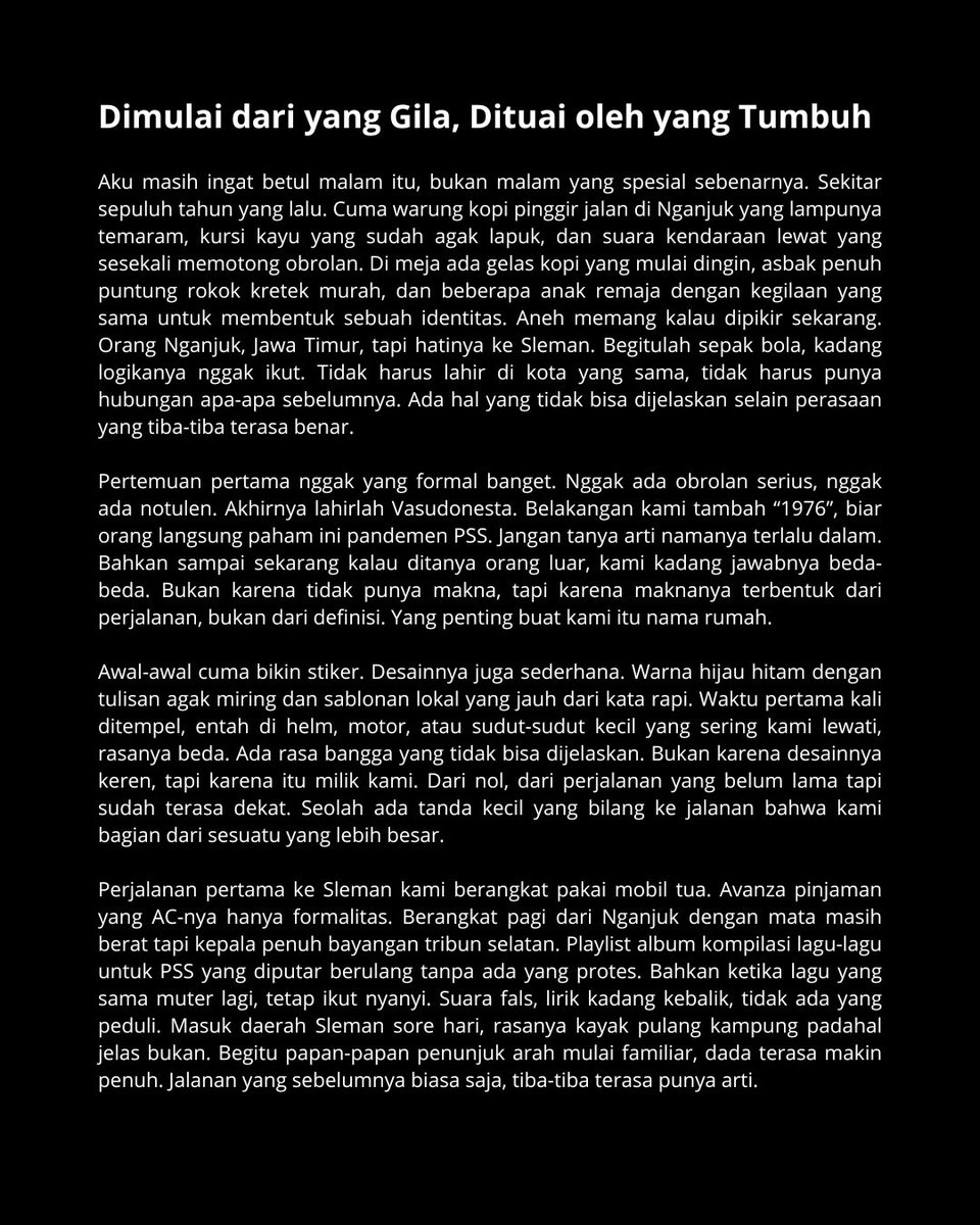 Vasudonesta1976's tweet photo. “Dimulai dari yang Gila, Dituai oleh yang Tumbuh”

Dari tribun, perjalanan, sampai cerita yang terus hidup di setiap generasi.

#1DecadeVasudonesta https://t.co/lIyApT6RiX