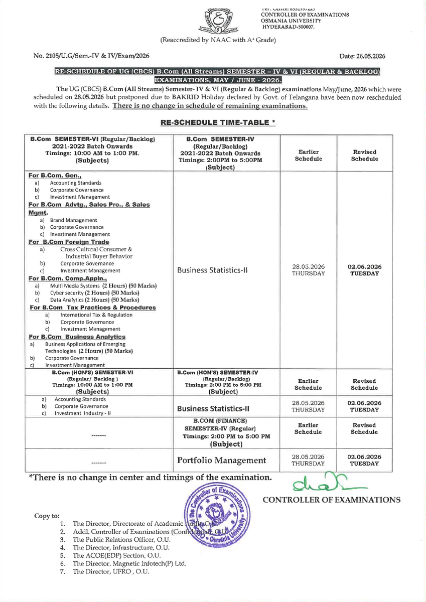 OU_Updates's tweet photo. Osmania University (OU) Revised Dates For Postponed UG (CBCS) Regular &amp; Backlog Examinations Scheduled on 28-05-2026 @ https://t.co/XWUspnczxT https://t.co/uQqUBvX73a