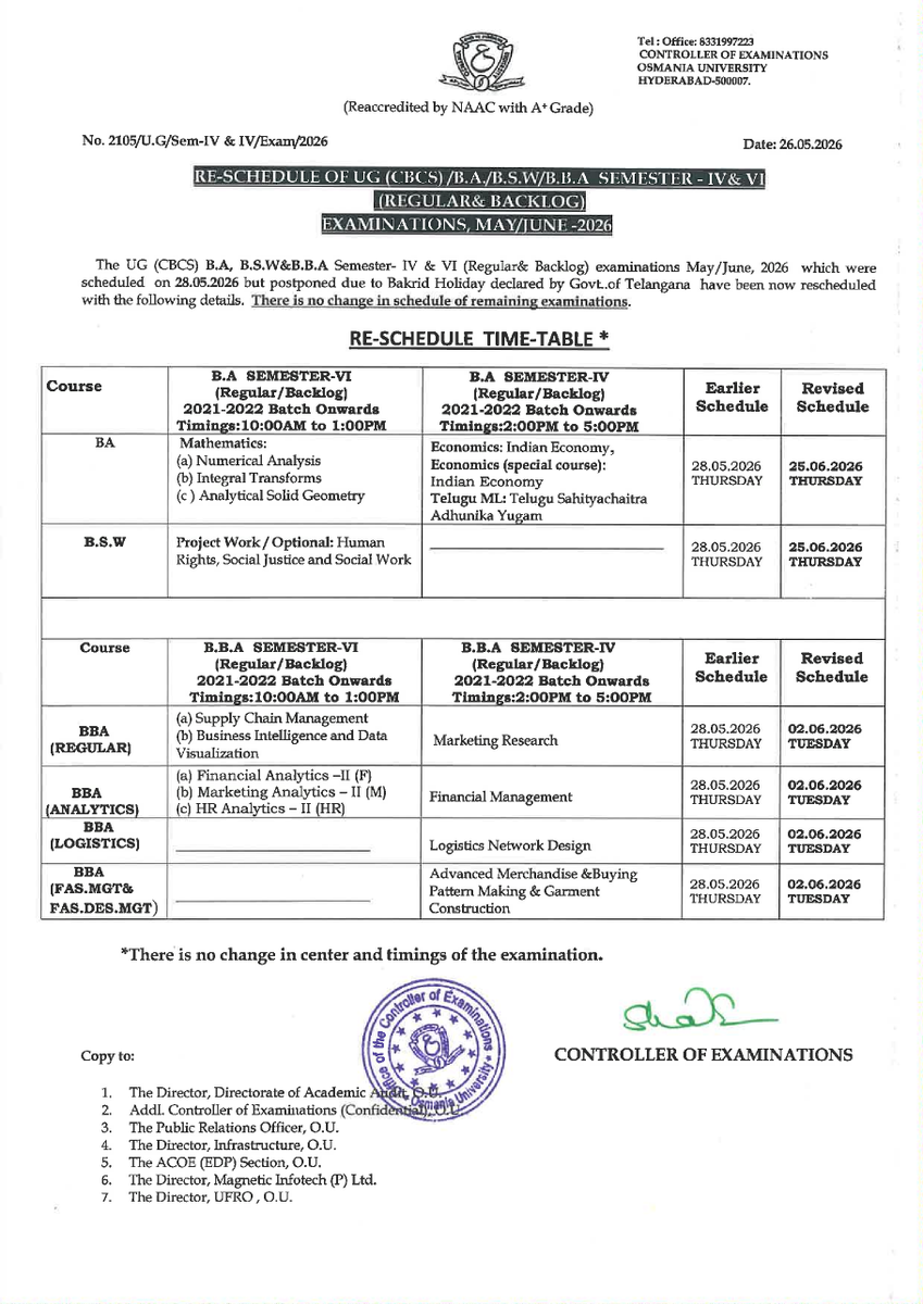 OU_Updates's tweet photo. Osmania University (OU) Revised Dates For Postponed UG (CBCS) Regular &amp; Backlog Examinations Scheduled on 28-05-2026 @ https://t.co/XWUspnczxT https://t.co/uQqUBvX73a