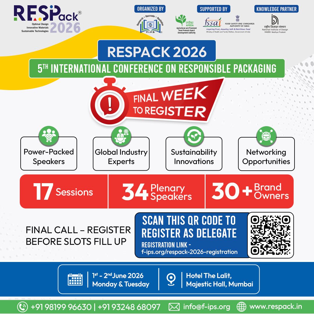 WhatPackaging's tweet photo. Registration closes this week for @ResPackExpo 2026, the 5th International Conference on Responsible Packaging.

📍Hotel The Lalit, Mumbai | 📆 June 1-2, 2026

17 Sessions | 34 Plenary Speakers | 30+ Brand Owners 

Secure your delegate credentials: https://t.co/8Bue3kkyAg https://t.co/XeS4YT4heU