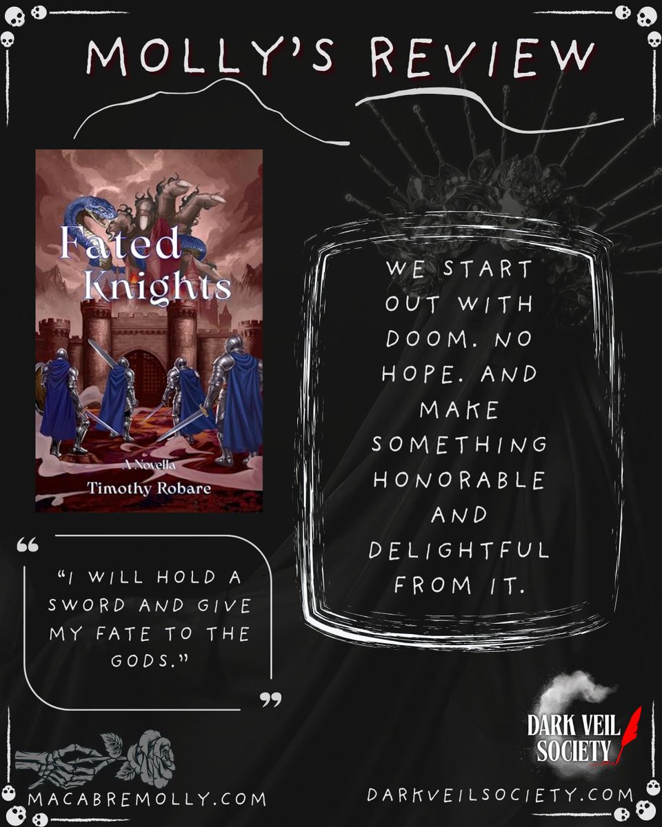 DarkVeilSociety's tweet photo. 📖BOOK REVIEW📚

Fated Knights by @AuthorTRobare 
A review by @Molly_Macabre_ 

"Most stories start out happy, then a problem presents and the plot serves to solve the problem. This tale differed from that. We start out with doom. No hope. And make something honorable and delightful from it.

Great writing, enjoyed the battles and camaraderie, and had fun cheering on our group of unlikely heroes."