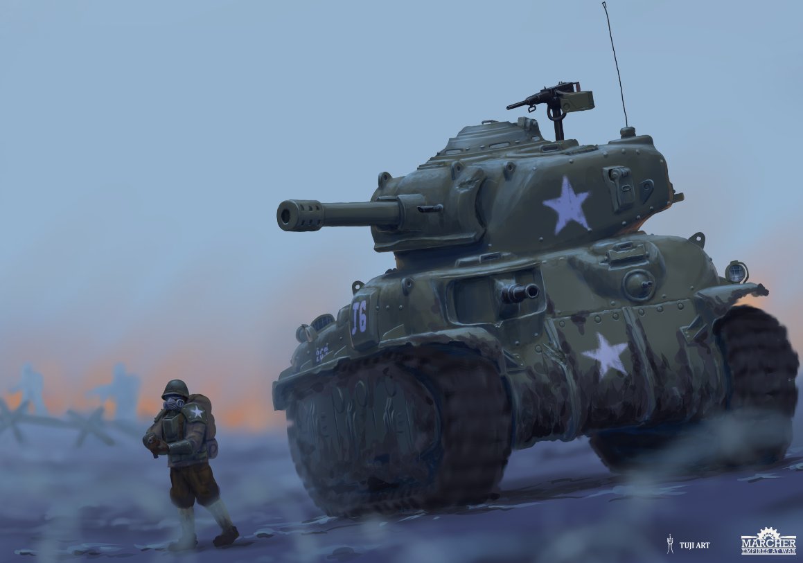__tuji_'s tweet photo. M42 Blackbear tank #ConceptArt drawn for Marcher: Empires at War. Krita recording is buggy so no timelapse this time! (yes the soldier scale is right)  #VehicleArt https://t.co/0q3HGVB7He