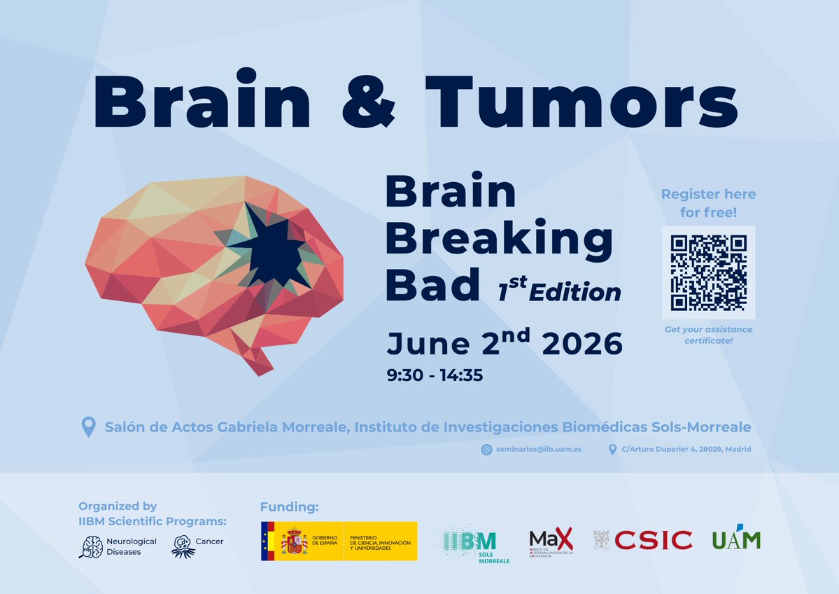 IIBmCSICUAM's tweet photo. 🧠 ¿Cómo estamos abordando hoy los tumores cerebrales desde la investigación?

El 2 de junio reunimos en el #IIBM a expertos en metástasis cerebrales, inmunoterapia y neuro-oncología traslacional para compartir avances y debatir nuevos enfoques 🔬💬

👉https://t.co/szTSx5IoOJ https://t.co/HixCm6r7yF