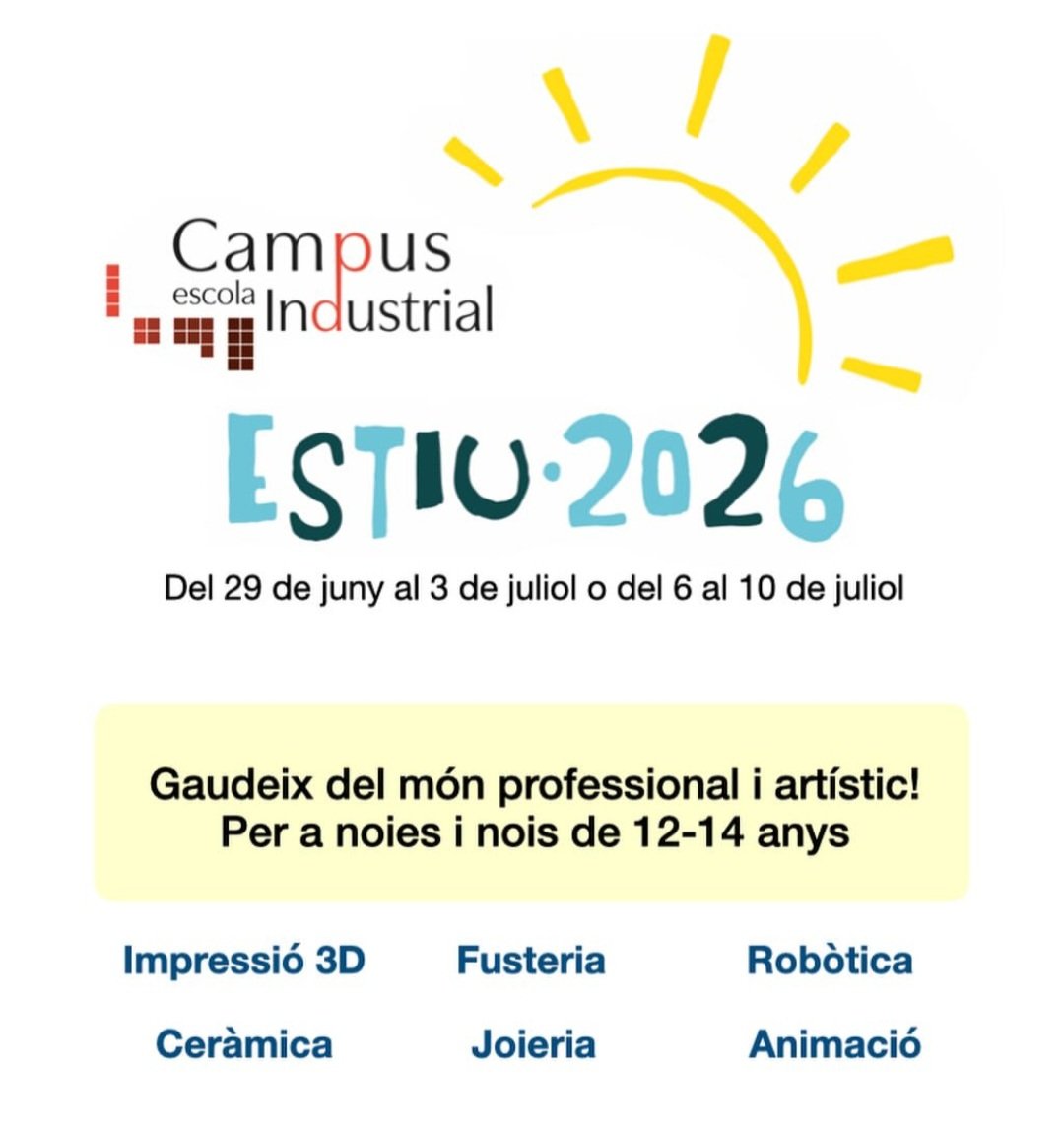 EdTbarcelona's tweet photo. Creativitat i tecnologia es donen la mà al Campus d’Estiu 2026 de l’Escola del Treball i l’Escola d’Art La Industrial 🚀🎨
Impressió 3D, robòtica, animació, joieria, ceràmica i fusteria per a nois i noies de 12 a 14 anys.
📅 Del 29 de juny al 10 de juliol
1/2 https://t.co/OW65VPo2gw