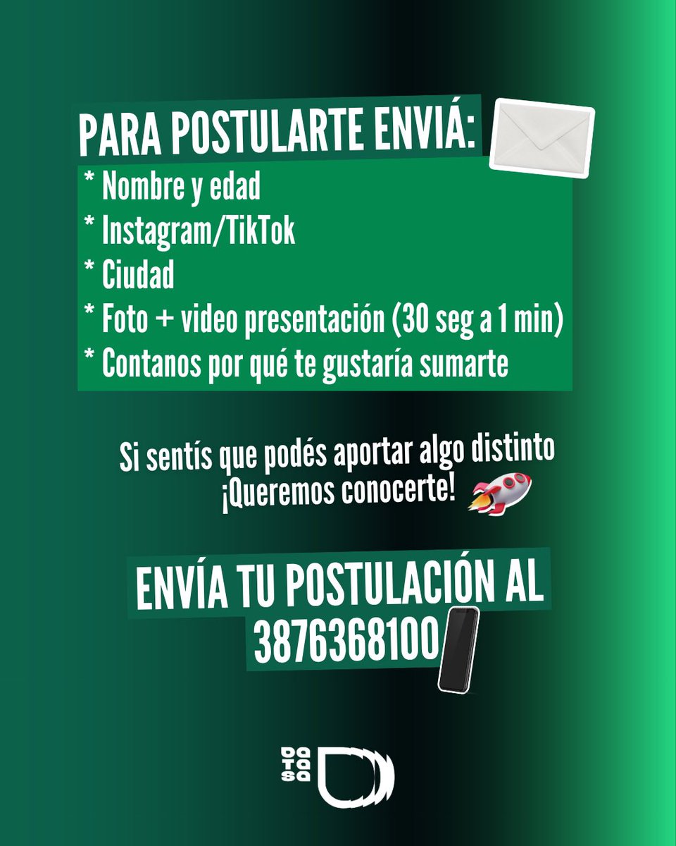 DatasaSalta's tweet photo. 🎙️📺 ¿Te gustaría formar parte de un proyecto de streaming y TV?
Estamos buscamos autenticidad, carisma y gente con algo distinto para aportar.

📲 Enviá tu postulación al 3876368100 y sumate a esta nueva etapa. https://t.co/CDAPnakcWS