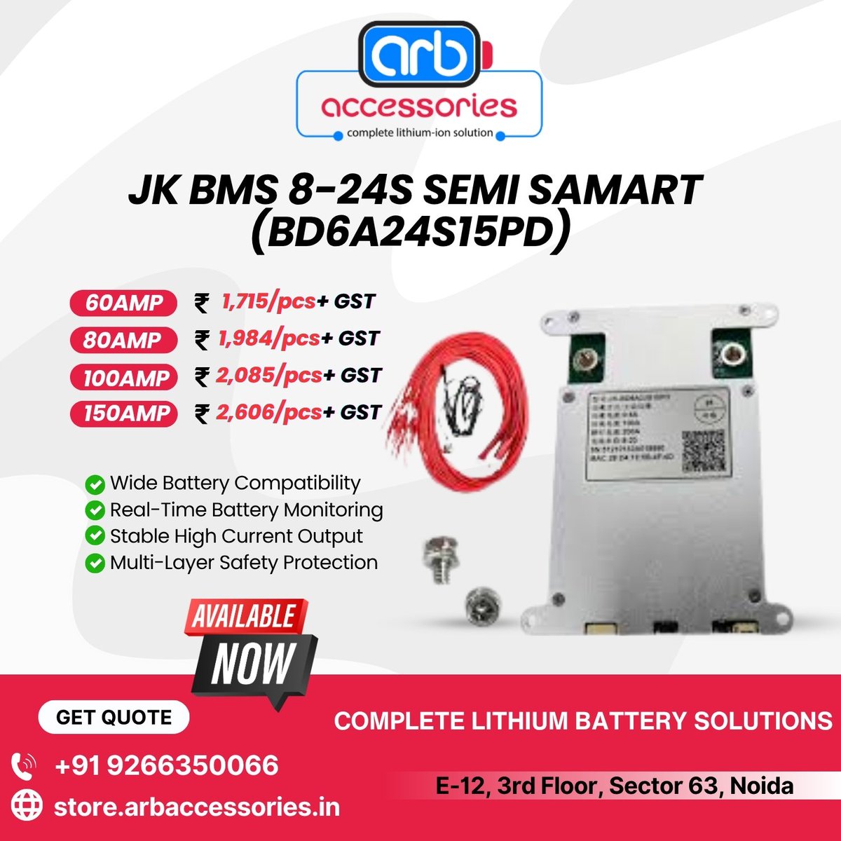 arb_ltd's tweet photo. ⚡ JK Smart &amp; Semi Smart BMS – Advanced Battery Protection Solutions 🔋

📍 ARB Accessories
E-12, 3rd Floor, Sector 63, Noida
🌐 https://t.co/4BZbLAJl3D
📞 +91 9266350066

#JKBMS #SmartBMS #SemiSmartBMS #BatteryManagementSystem #LithiumBattery #EVBattery #EnergyStorage https://t.co/cWTj3EoC0W