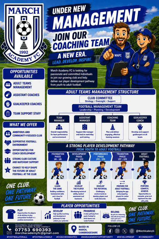 MarchAcademyFC's tweet photo. ? UNDER NEW MANAGEMENT ?Adults teams player and coaching opportunities #Pitchero
https://t.co/IXfcJ4i8IT https://t.co/ojIA6kvhOc