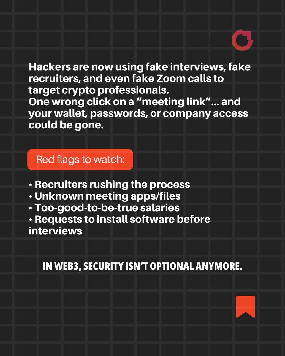 Crowdfire's tweet photo. That’s the new reality of #Web3 job scams.
These scams don’t look like scams anymore.
In crypto, your security matters more than your excitement.

Always verify:
✅ Company domain
✅ Recruiter identity
✅ Meeting links
✅ Download requests

One extra minute of caution can save your career, wallet, and identity.

Stay alert. Stay skeptical. Stay safe.