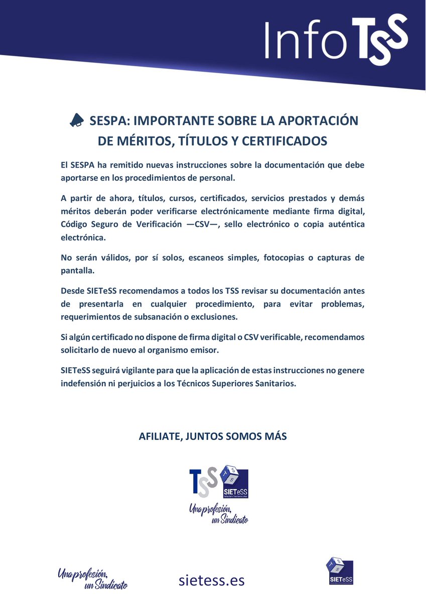 SietessTecnicos's tweet photo. 📣 SIETeSS informa
El SESPA cambia los criterios para aportar méritos, títulos y certificados.
Revisa que tu documentación tenga firma digital, CSV o sistema válido de verificación.
Toda la información en👉https://t.co/G6zpeySUkO
#SIETeSS #TSS #SESPA https://t.co/7MDnEYyymZ