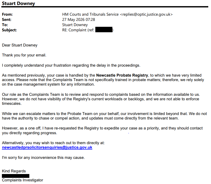 StuartDowney's tweet photo. @CEOofHMCTS This is a complaint response received today which I asked to be escalated to the Complaints Manager - it has not been. It seems that the Complaints Team are, without exaggeration, completely ill-equipped to deal with such a complaint. Surely there must be a way? https://t.co/t2vnXfJpKC