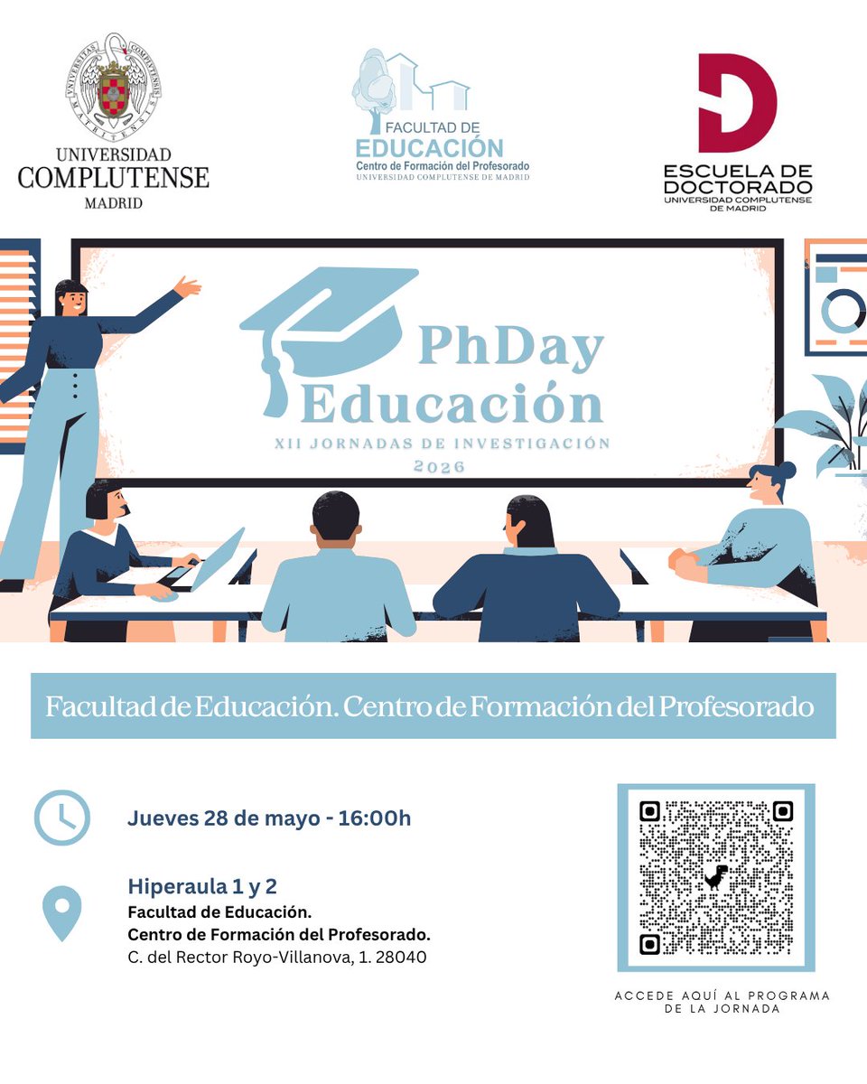 spd_ucm's tweet photo. 🎓✨ El #PhDayEducación2026 ya está aquí.

El estudiantado de doctorado de 2º año (TC) y 3º año (TP) compartirá los avances de sus tesis e investigaciones en las XII Jornadas de Investigación de la @ucm_educacion .

🗓️ 28 mayo | ⏰ 16:00 h
📍 Facultad de Educación UCM https://t.co/OlyNfu9xg5