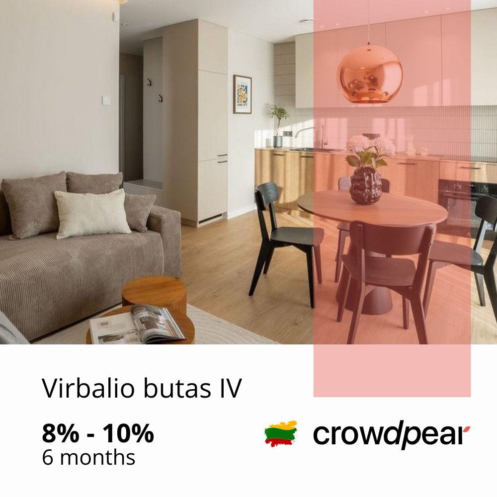 crowdpear's tweet photo. The investment offer, "Virbalio butas IV", with up to 10% annual interest, is available on Crowdpear.
Find project details at https://t.co/NQ932Gc6ZL.
#crowdpear
We responsibly select the projects we offer to investors. We also remind you that investing is associated with risk. https://t.co/f8DaoSVVQB