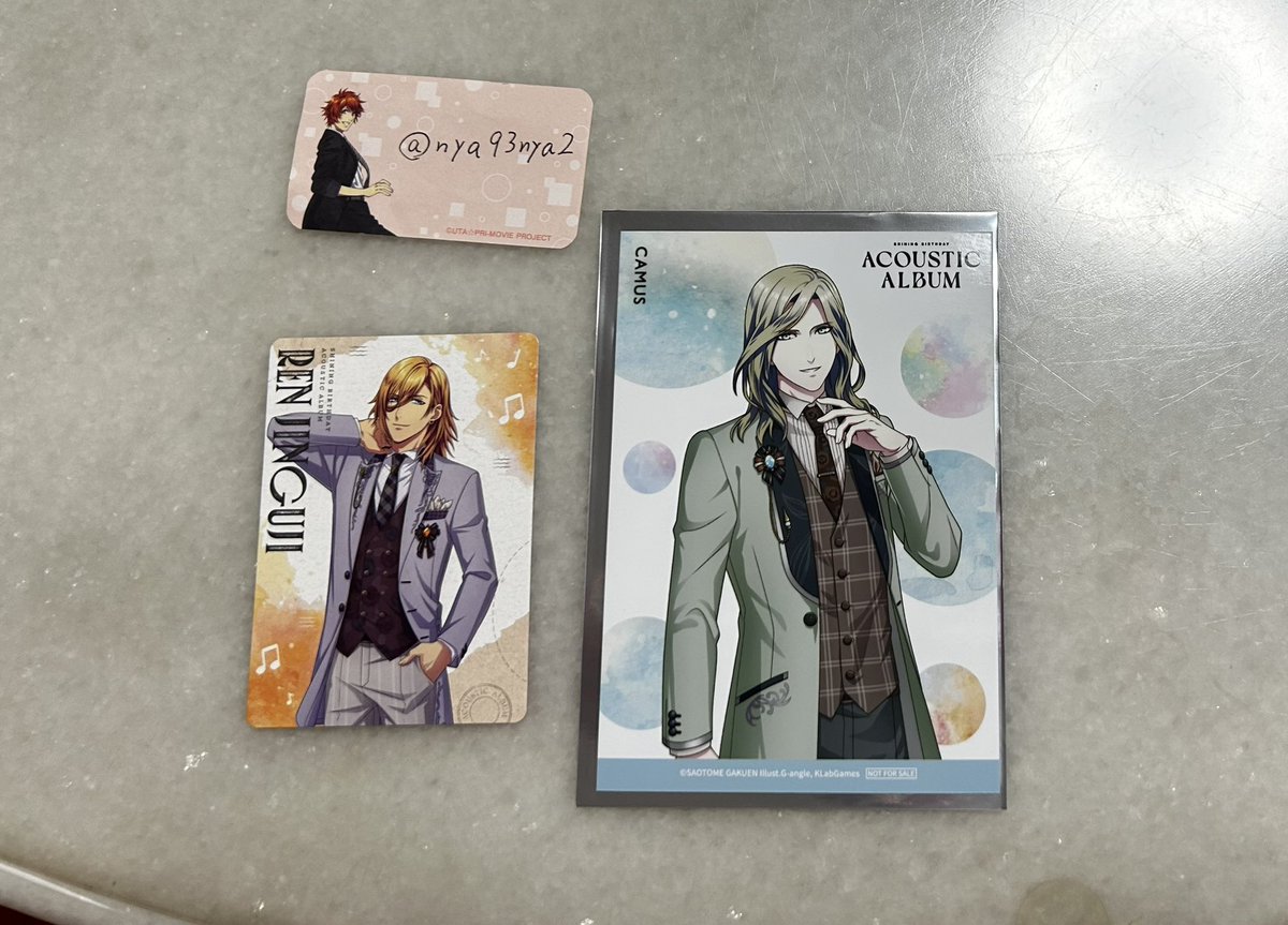 nya93nya2's tweet photo. 【交換】うたプリ Shining Birthday Acoustic Album CD アルバム 早期 特典 C賞 ブロマイドメセカ

C賞ブロマイド
譲：カミュ
求：音也

メセカ 
譲：レン
求：音也

郵送orお日にちによっては仙台手渡し可能です。検索からでもお声掛けください。 https://t.co/7IEGyde8Vf