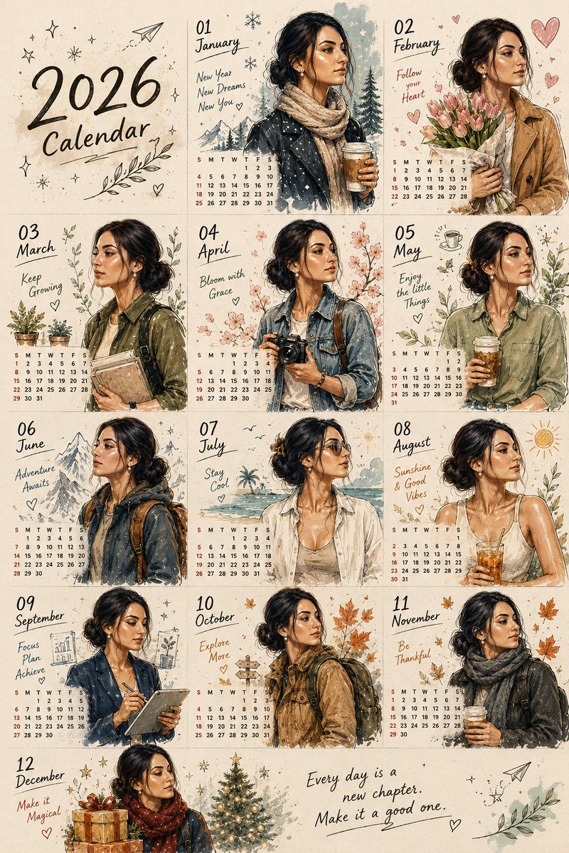 FutureVibesAi's tweet photo. Wanted to create this kind of New Year calendar with your images? ✨🎉
Here is the -

Prompt:
Create a hand-drawn watercolor-style illustrated yearly calendar poster featuring [YOUR CHARACTER DESCRIPTION] in 12 different monthly lifestyle scenes. Maintain the same facial identity, hairstyle, outfit aesthetic, and overall character consistency across all months. Use a soft sketchbook aesthetic with watercolor ink textures, pencil outlines, paint splashes, organic brush strokes, and subtle paper grain background.

The layout should be a clean vertical grid with each month in its own illustrated panel, including:

Month name in elegant handwritten typography

Small realistic calendar dates beneath each illustration

Minimal doodles, seasonal icons, and handwritten motivational quotes matching the month’s mood

Soft neutral background with artistic ink splatters and cozy Pinterest-style composition

Each month should show the character in a different seasonal or lifestyle setting:

January: winter outfit holding coffee, snowy mood

February: holding flowers, romantic pastel vibe

March: carrying books/plants, growth aesthetic

April: camera in hand, spring blossoms

May: relaxed café vibe with greenery

June: mountain traveler/adventure aesthetic

July: beach vacation casual look

August: sunshine and iced drink summer vibe

September: productivity/work mode with tablet or notebook

October: explorer/travel jacket aesthetic

November: cozy scarf and autumn leaves

December: festive Christmas cozy mood with gifts/lights

Style references:

watercolor fashion illustration

sketchbook journal art

Pinterest aesthetic planner page

hand-painted lifestyle calendar

cozy artistic stationery illustration

soft muted earthy palette with warm highlights

Add delicate hand-drawn doodles like stars, arrows, leaves, hearts, airplanes, snowflakes, flowers, coffee steam, and travel icons around the character. Include motivational handwritten phrases relevant to each month.

Ultra detailed, cohesive composition, elegant editorial illustration style, high-resolution print-ready poster, whimsical but sophisticated, balanced negative space, expressive ink linework, soft natural shadows.

Character Description Placeholder:
Replace with your own character, for example:
“stylish Indian AI creator with curly hair, glasses, oversized jackets, cinematic fashion aesthetic”
or
“cute anthropomorphic kitten traveler in cozy outfits”
Created In @AdobeFirefly