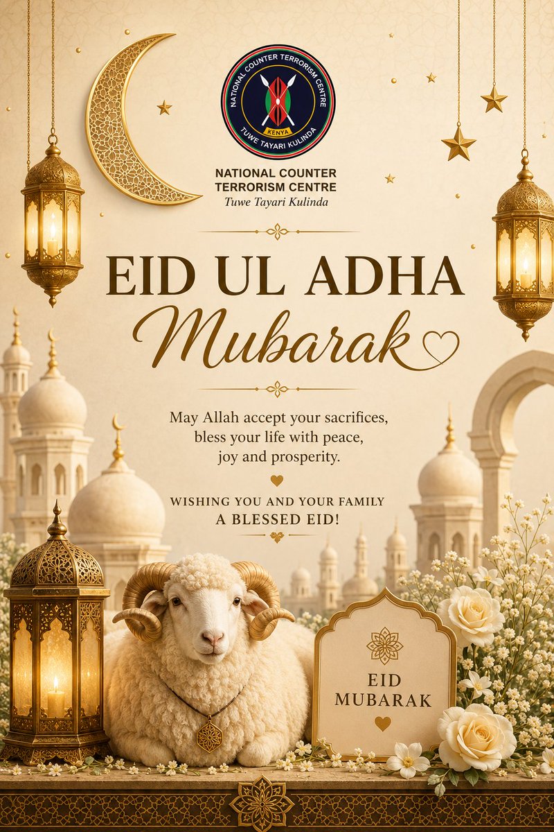 NCTC_Kenya's tweet photo. Eid-ul-Adha Mubarak🌙
@NCTC_Kenya wishes you and your loved ones peace, joy, and a blessed celebration.
#SecureKe #TuweTayariKuilinda #SeeSomethingSaySomething #StayVigilant #EidBlessings
@EUinKenya @theGCERF @theGCTF @CSMechanism @NPSOfficial_KE @ngaosKE @UN_OCT https://t.co/vViYmgGUui