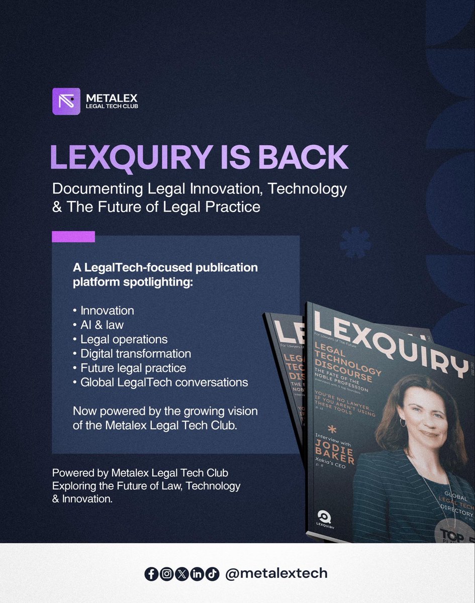 akpofuremarcus's tweet photo. In 2021, immediately after Law School, I envisioned Lexquiry as more than just a publication.

Lexquiry was conceived as a LegalTech-focused product and ecosystem designed to document, curate, and promote global conversations around the future of law, legal innovation, and technology.

At the time, we saw a growing need to intentionally spotlight how technology was transforming legal practice globally, from legal operations and automation to digital platforms, AI, workflow systems, and emerging legal ecosystems.

Although we were only able to fully launch the publication aspect at the time, the vision itself was always much bigger.

Even in those early stages, Lexquiry was able to facilitate contributions and curated conversations with LegalTech founders, innovators, and professionals across the USA, UK, India, Nigeria, Australia, and some other parts of the world.

The goal was simple:

To contribute meaningfully, even in our little way, to the growing global LegalTech ecosystem by documenting ideas, innovation, tools, trends, and the people building the future of legal practice.

Today, I am excited that Lexquiry is returning with that same global vision, now powered by the @Metalex_legal Tech Club.

As we begin this new phase, our focus remains on:

▪️ Legal innovation
▪️ AI & Law
▪️ Digital transformation
▪️ Legal operations
▪️ Future-focused legal practice
▪️ Global LegalTech conversations and 
▪️ Building meaningful connections across jurisdictions and industries.

We believe the future of law is evolving beyond traditional boundaries, and through Lexquiry and the Metalex Legal Tech Club, we hope to continue contributing to that future while creating greater global impact.

#Lexquiry #LegalTech #FutureOfLaw #Innovation #MetalexLegalTechClub #GrowWithMetalex