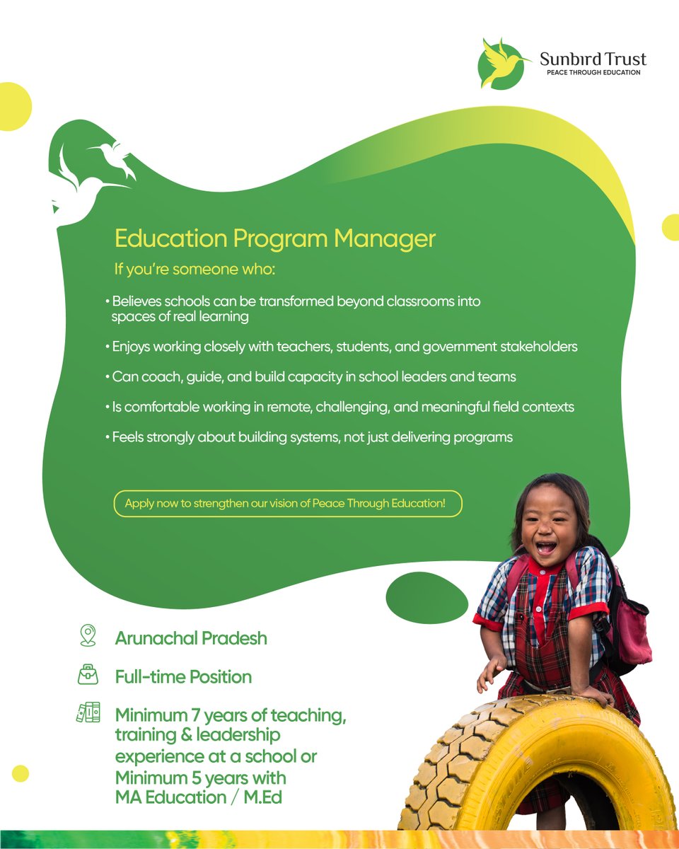 SunbirdTrust's tweet photo. Sunbird Trust is looking for an Education Program Manager to support meaningful school transformation and strengthen learning ecosystems on the ground.

Join the team here: https://t.co/FWr6UPO7fR

#SunbirdTrust #Hiring #EducationJobs #ProgramManager #EducationLeadership https://t.co/Bhm6rYSIkI