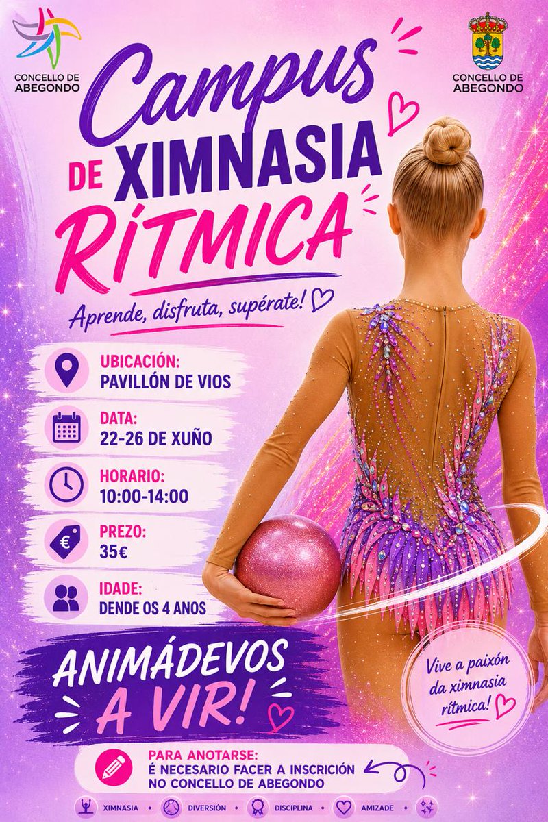 abegondo's tweet photo. 🤸📢 Chega o campus de ximnasia rítmica a Abegondo!

👧 A actividade, dirixida á cativada a partir dos catro anos, será do 🗓️ 22 ao 26 de xuño en horario de 🕕 10:00 a 14:00 horas no 📍 pavillón de Viós.

✍️ As persoas interesadas deberán facer a inscrición no 📍 Concello. https://t.co/ugu3FZMqyM