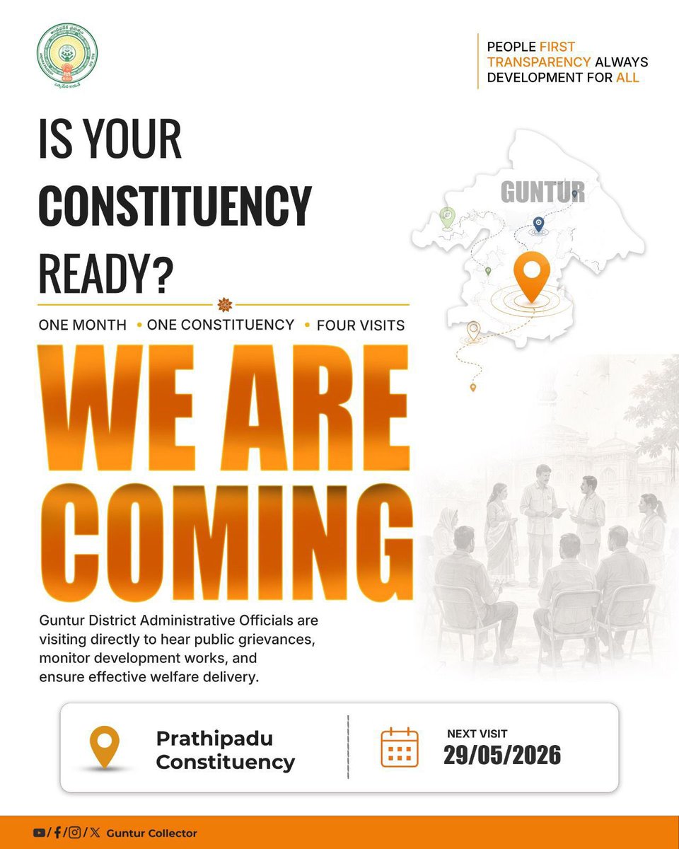 CollectorGuntur's tweet photo. We are coming to your constituency.
To listen.
To resolve.
To deliver better governance.
#OneMonthOneConstituency #FourVisits #GunturCollector #CitizenConnect #Gunturupdates https://t.co/2kuRgeHqrO