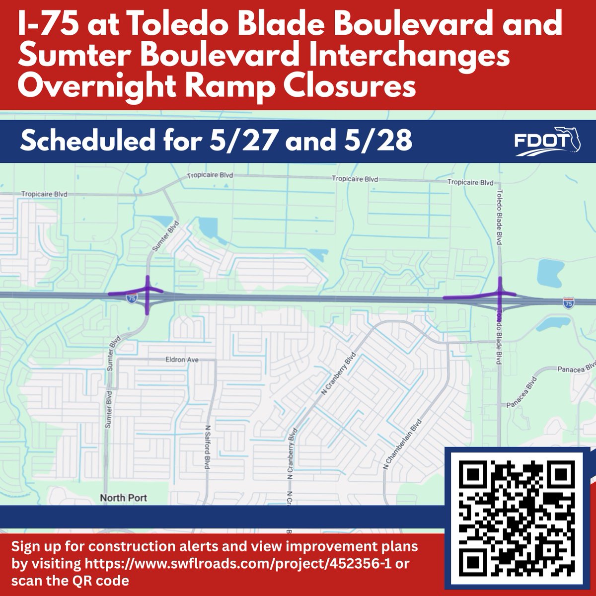 MyFDOT_SWFL's tweet photo. 🚧 Heads up! Overnight closures on I-75 ramps at Toledo Blade Blvd &amp; Sumter Blvd: 5/27-5/28 &amp; 5/28-5/29, 11 p.m.-5 a.m. One ramp closed at a time for lane re-striping. Plan ahead &amp; follow detours. 🚦 https://t.co/MuDGAJYGcP